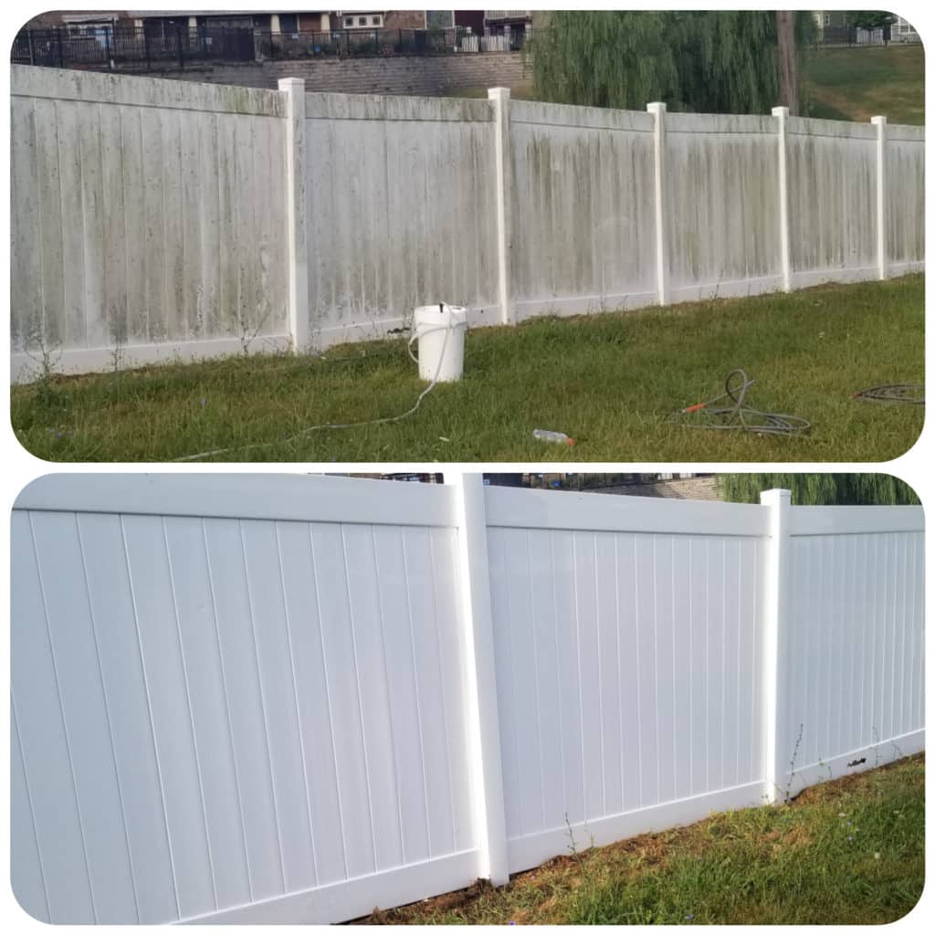 Pressure washing vinyl fence before and after