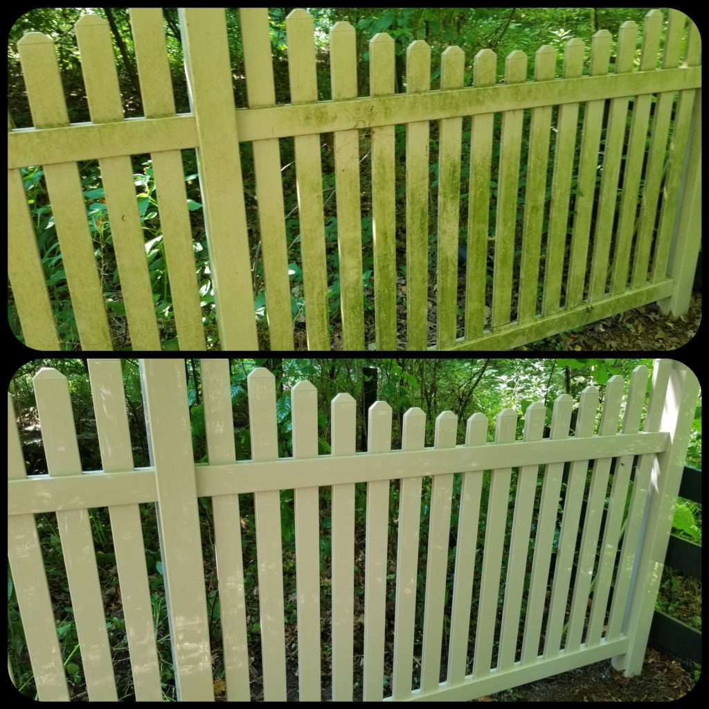 Pressure washing fence before and after