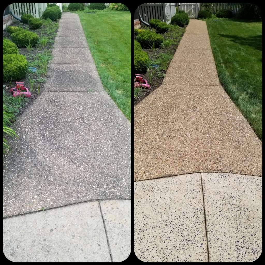 Pressure washing sidewalk before and after