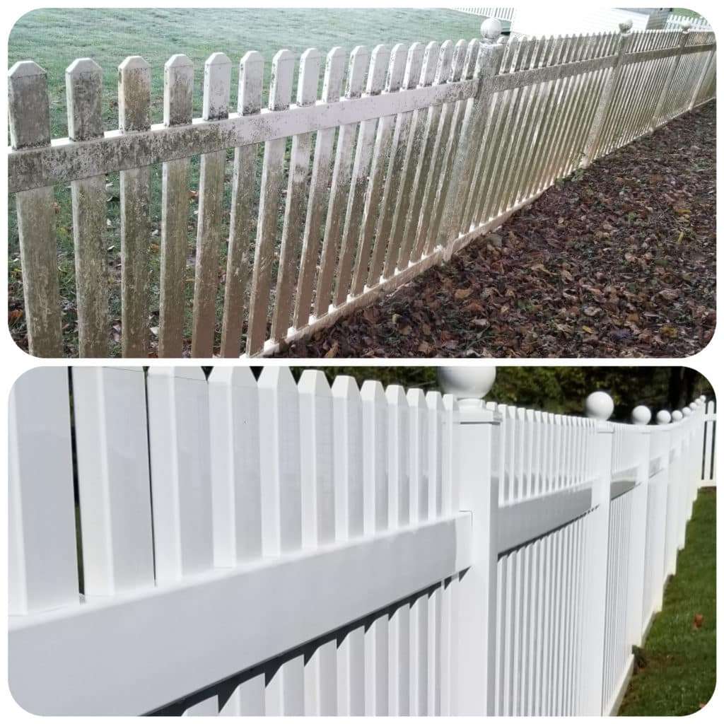 Pressure washing fence before and after